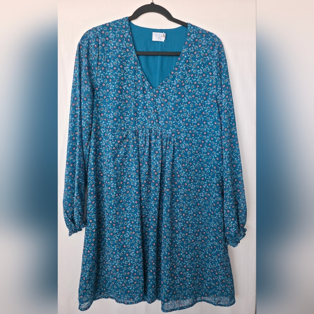 Time and Tru Boho Cottagecore Teal Ditsy Floral Peasant Balloon Sleeve Dress